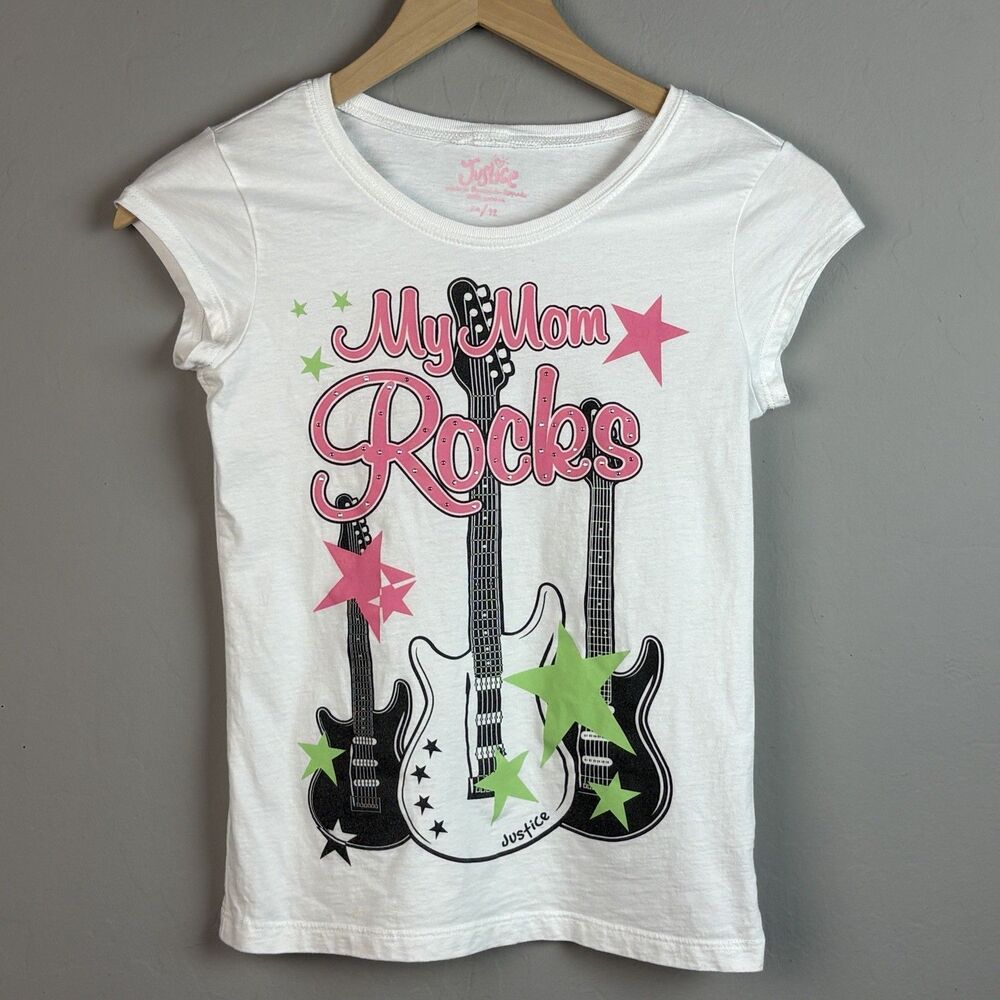 Vintage Y2K Justice Top Girls S 12 White My Mom Rocks Graphic Tee Guitar Stars